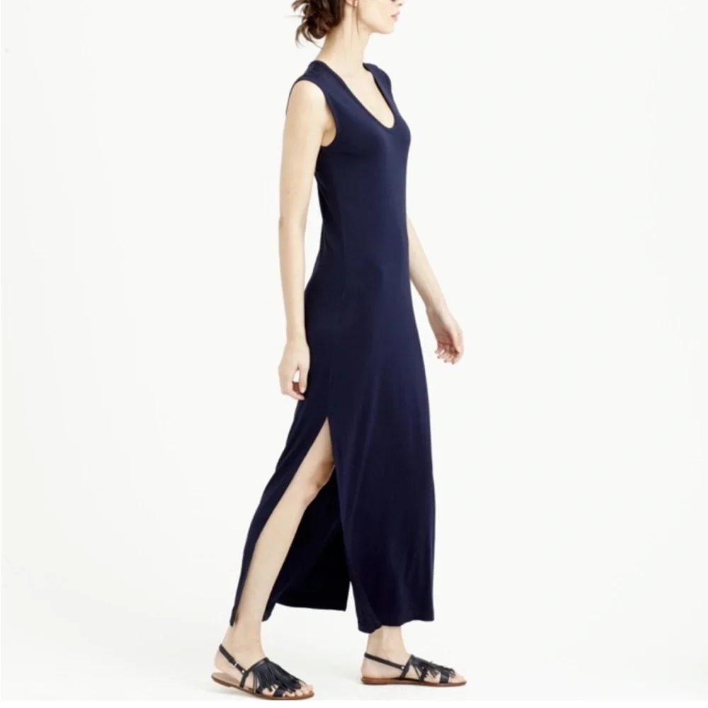 J Crew maxi tank‎ dress small navy blue side slit scoopneck stretch jersey C1536